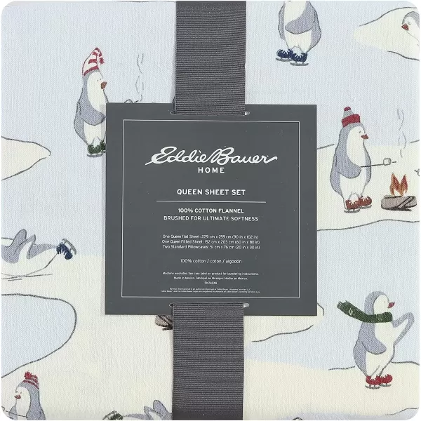 imageEddie Bauer  Queen Sheets Cotton Flannel Bedding Set Brushed For Extra Softness Cozy Home Decor Montlake Plaid QueenSkating Penguin Light Blue Full