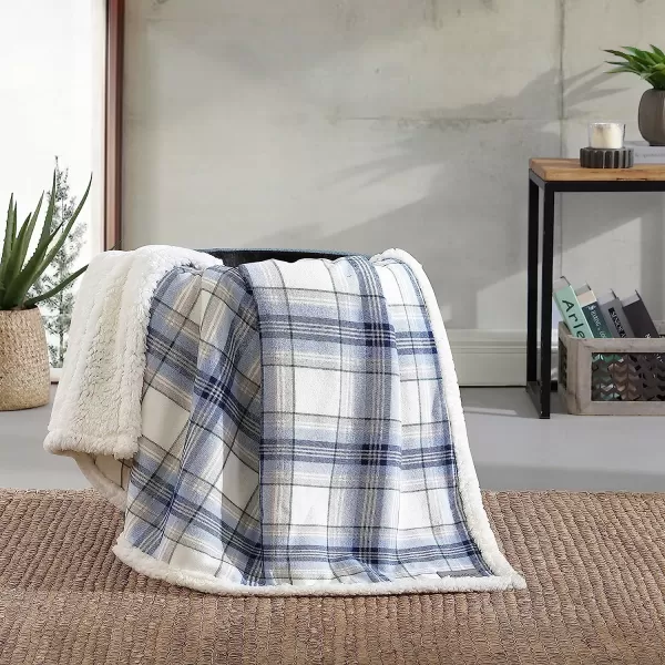 imageEddie Bauer  Throw Blanket Cotton Flannel Home Decor All Season Reversible Sherpa Bedding Edgewood Plaid Grey ThrowThrow Edgewood Plaid Blue