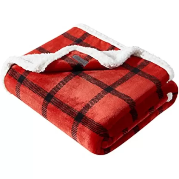 imageEddie Bauer  Throw Blanket Reversible Sherpa Fleece Bedding Home Decor for All Seasons Bunkhouse Plaid Red ThrowSherpa Fleece RedBlack