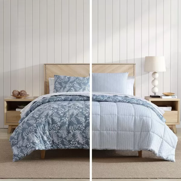 imageEddie Bauer  Twin Comforter Set Soft Reversible Bedding with Matching Sham Wildflower Inspired Home Decor with Stripe Reverse Fern Garden Blue TwinKing Fern Garden Blue