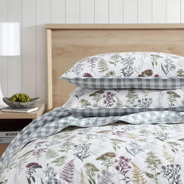 imageEddie Bauer  Twin Quilt Set Reversible Cotton Bedding with Matching Sham Classic Floral Home Decor with Plaid Reverse Flower Field Green TwinTwin Flower Field Green