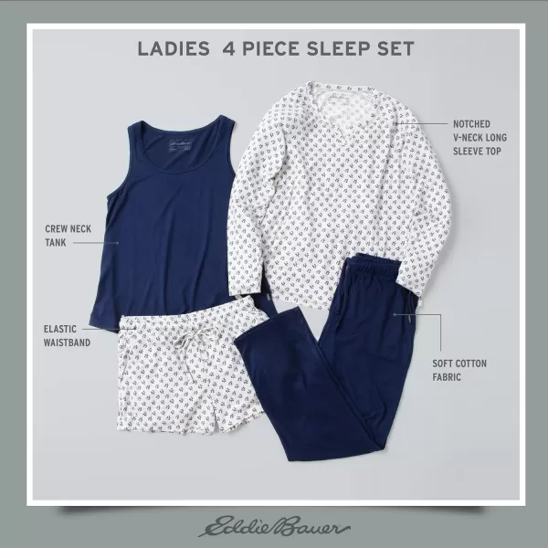 imageEddie Bauer 4Piece Print Pajama Set for Women  Long and Short Sleeve Crewneck Tops and Matching Boxers and JoggersNavy