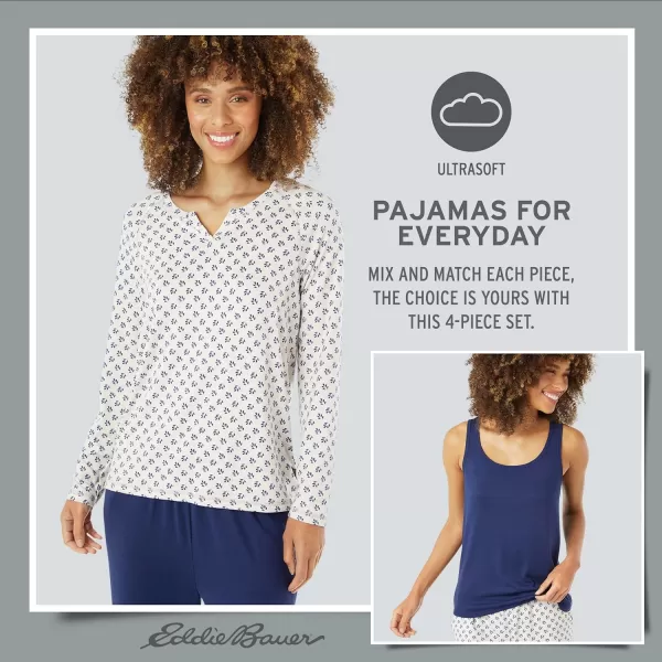 imageEddie Bauer 4Piece Print Pajama Set for Women  Long and Short Sleeve Crewneck Tops and Matching Boxers and JoggersNavy