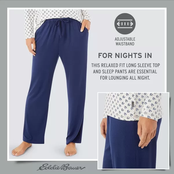 imageEddie Bauer 4Piece Print Pajama Set for Women  Long and Short Sleeve Crewneck Tops and Matching Boxers and JoggersNavy