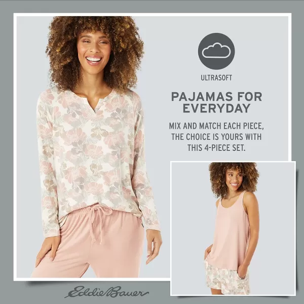 imageEddie Bauer 4Piece Print Pajama Set for Women  Long and Short Sleeve Crewneck Tops and Matching Boxers and JoggersPink