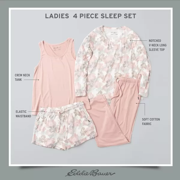 imageEddie Bauer 4Piece Print Pajama Set for Women  Long and Short Sleeve Crewneck Tops and Matching Boxers and JoggersPink