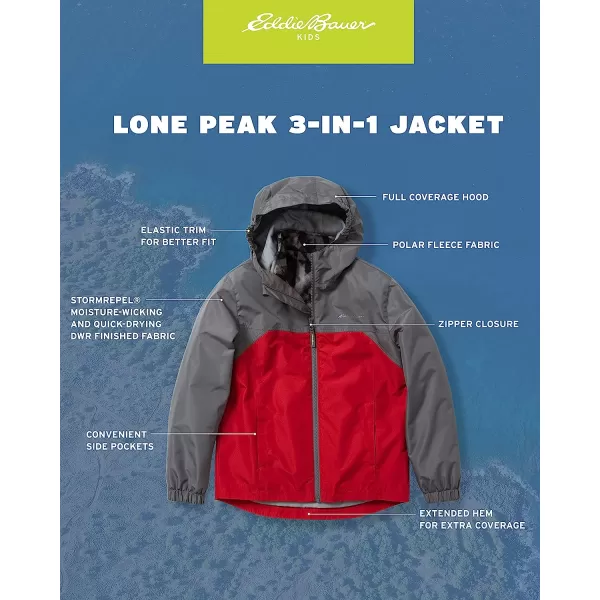 imageEddie Bauer Boys Rain Jacket  Lone Peak Waterproof 3in1 Insulated Windbreaker Coat with Removable Fleece Lining 520Crimson