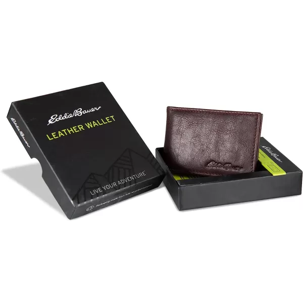 imageEddie Bauer Mens Signature Logo Leather Bifold Money Clip Wallet with 3 Card Slots and RFID ProtectionBrown