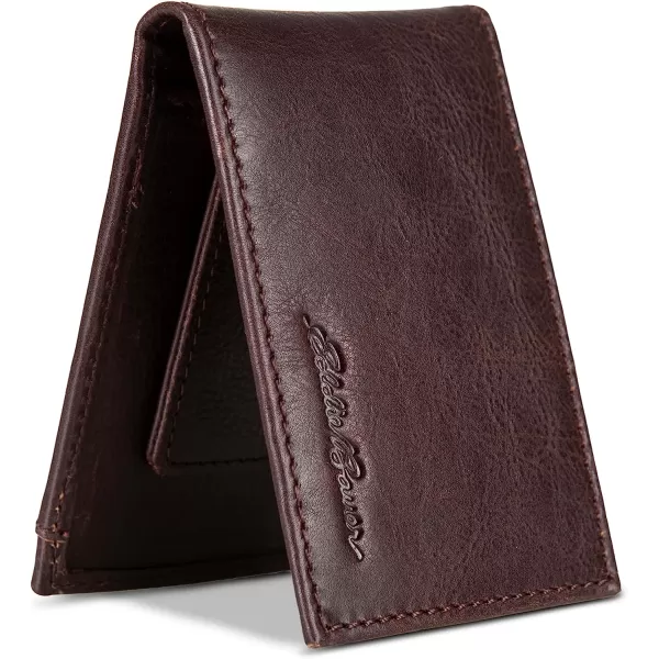 imageEddie Bauer Mens Signature Logo Leather Bifold Money Clip Wallet with 3 Card Slots and RFID ProtectionBrown