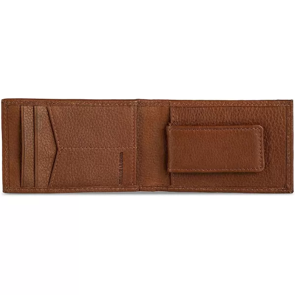imageEddie Bauer Mens Signature Logo Leather Bifold Money Clip Wallet with 3 Card Slots and RFID ProtectionTan