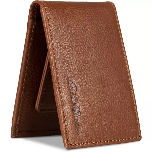 imageEddie Bauer Mens Signature Logo Leather Bifold Money Clip Wallet with 3 Card Slots and RFID ProtectionTan
