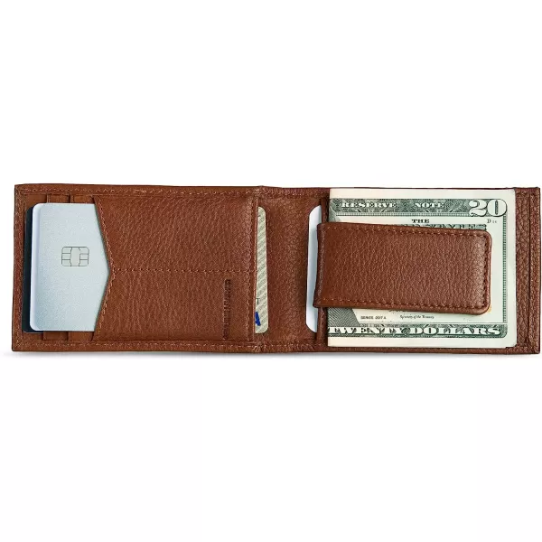 imageEddie Bauer Mens Signature Logo Leather Bifold Money Clip Wallet with 3 Card Slots and RFID ProtectionTan
