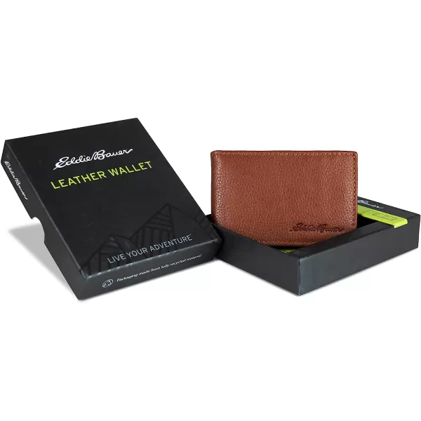 imageEddie Bauer Mens Signature Logo Leather Bifold Money Clip Wallet with 3 Card Slots and RFID ProtectionTan