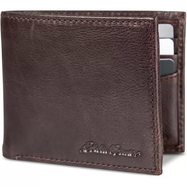 imageEddie Bauer Mens Signature Logo Leather Flip Id Bifold Wallet with 6 Card Slots and RFID ProtectionBrown