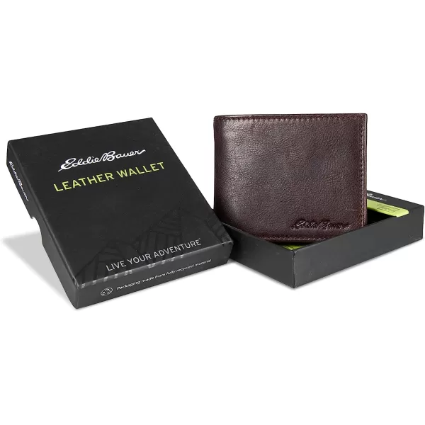 imageEddie Bauer Mens Signature Logo Leather Flip Id Bifold Wallet with 6 Card Slots and RFID ProtectionBrown