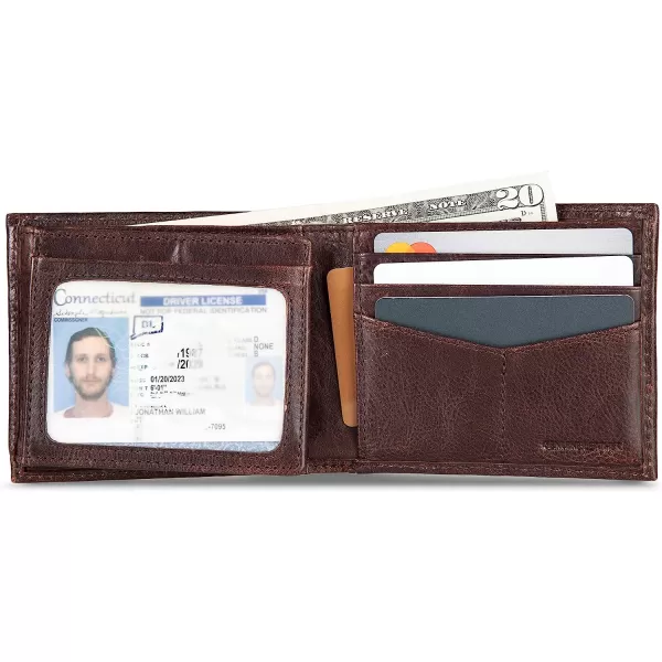 imageEddie Bauer Mens Signature Logo Leather Flip Id Bifold Wallet with 6 Card Slots and RFID ProtectionBrown