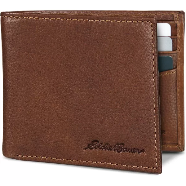 imageEddie Bauer Mens Signature Logo Leather Flip Id Bifold Wallet with 6 Card Slots and RFID ProtectionTan