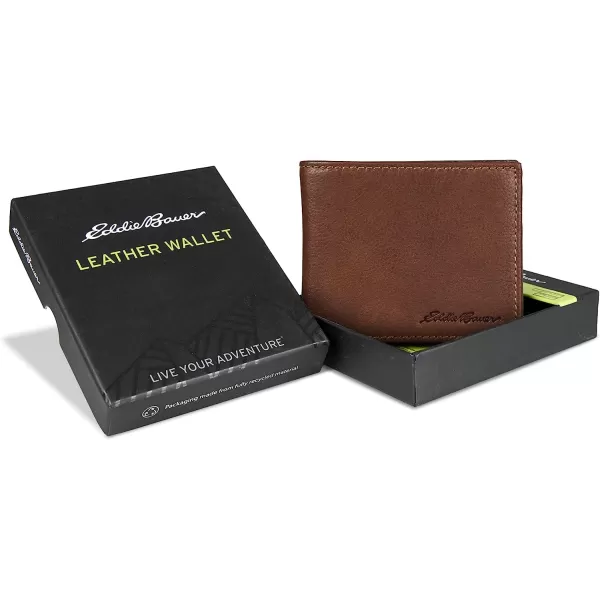 imageEddie Bauer Mens Signature Logo Leather Flip Id Bifold Wallet with 6 Card Slots and RFID ProtectionTan