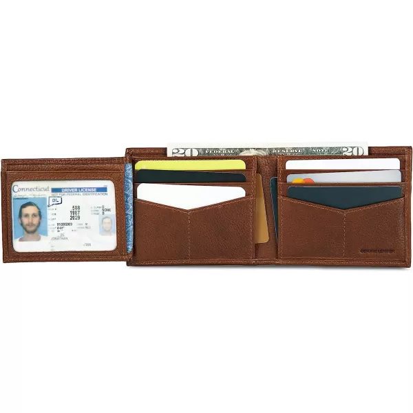 imageEddie Bauer Mens Signature Logo Leather Flip Id Bifold Wallet with 6 Card Slots and RFID ProtectionTan