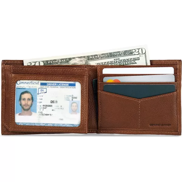 imageEddie Bauer Mens Signature Logo Leather Flip Id Bifold Wallet with 6 Card Slots and RFID ProtectionTan