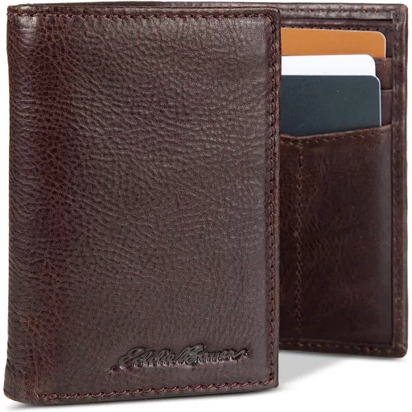 imageEddie Bauer Mens Signature Logo Leather Trifold Wallet with 6 Card Slots and RFID ProtectionBrown