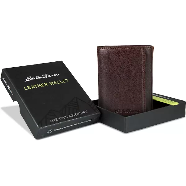 imageEddie Bauer Mens Signature Logo Leather Trifold Wallet with 6 Card Slots and RFID ProtectionBrown