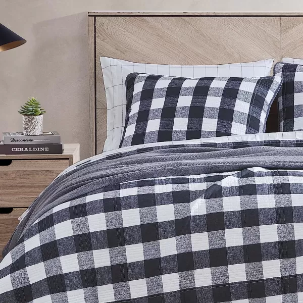imageEddie Bauer Twin Quilt Set Cotton Reversible Bedding with Matching Sham Home Decor for All Seasons Lakehouse Plaid Blue TwinKing Dark Grey