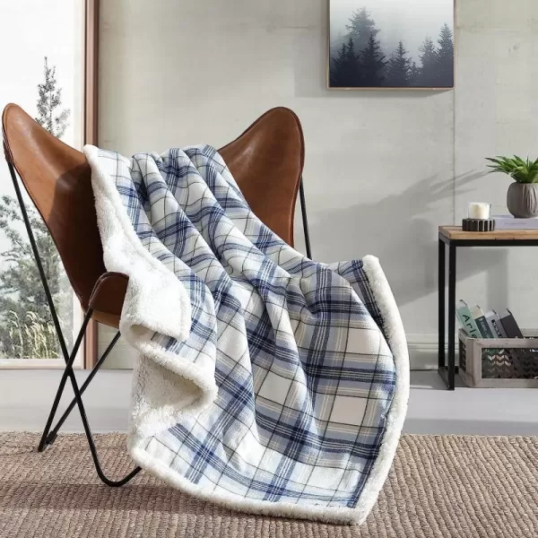 imageEddie Bauer  Throw Blanket Cotton Flannel Home Decor All Season Reversible Sherpa Bedding Edgewood Plaid Grey ThrowThrow Edgewood Plaid Blue