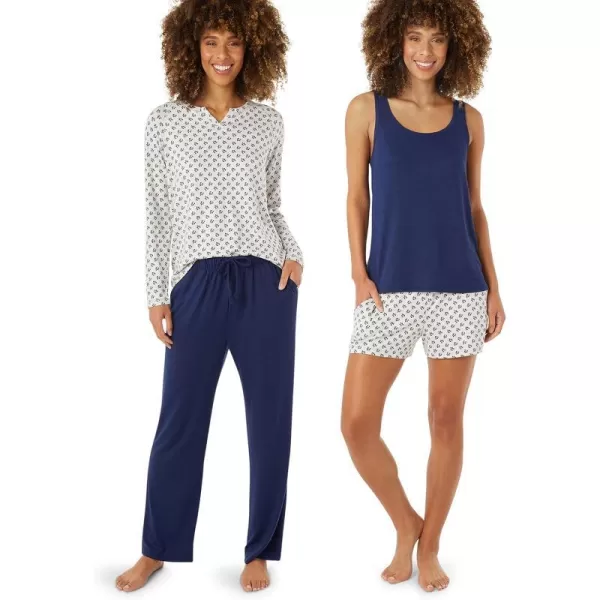 imageEddie Bauer 4Piece Print Pajama Set for Women  Long and Short Sleeve Crewneck Tops and Matching Boxers and JoggersNavy