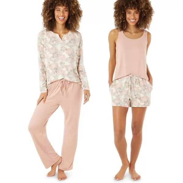 imageEddie Bauer 4Piece Print Pajama Set for Women  Long and Short Sleeve Crewneck Tops and Matching Boxers and JoggersPink