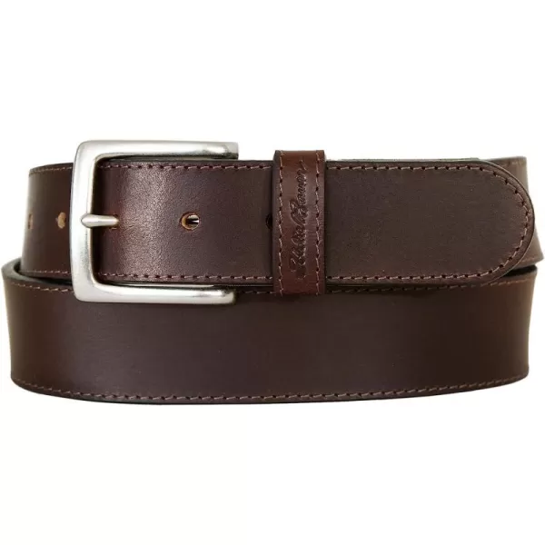 imageEddie Bauer Mens Rugged Leather Belt with Stretch Tab and Sasquatch DesignBrown