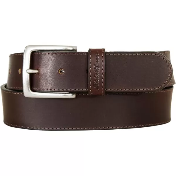 imageEddie Bauer Mens Rugged Leather Belt with Stretch Tab and Sasquatch DesignRugged W Sasquatch  Brown