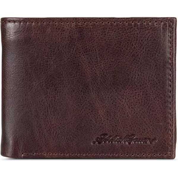 imageEddie Bauer Mens Signature Logo Leather Flip Id Bifold Wallet with 6 Card Slots and RFID ProtectionBrown