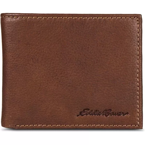 imageEddie Bauer Mens Signature Logo Leather Flip Id Bifold Wallet with 6 Card Slots and RFID ProtectionTan