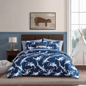 imageEddie Bauer Kids  Kids Comforter Set Super Soft Reversible Toddler Bedding with Matching Sham ampamp Bonus Decorative Pillow Ideal Boy Room Essentials Preston Check Blue TwinVinny  Shark Friends Blue