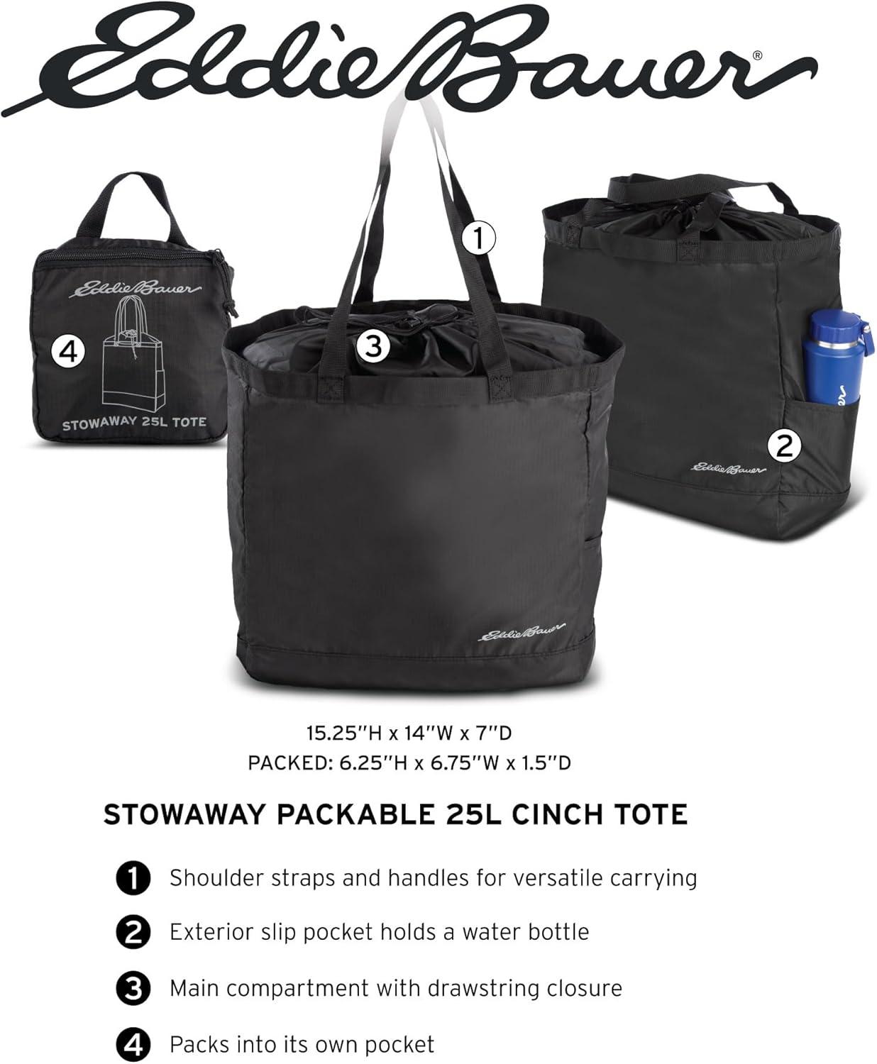 imageEddie Bauer Stowaway Packable Tote Bag  Lightweight  Compact  Cinch Closure  Ripstop Nylon  25l CapacityOnyx