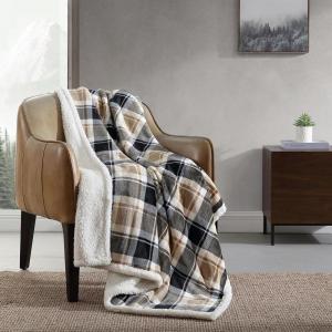 imageEddie Bauer  Throw Blanket Reversible Sherpa Fleece Bedding Home Decor for All Seasons New Castle Red ThrowRugged Plaid Beige