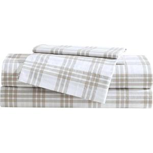imageEddie Bauer  Queen Sheet Set Cotton Percale Bedding Set Super Soft and Bedding Set OekoTex Certified Basic Plaid Beige Queen