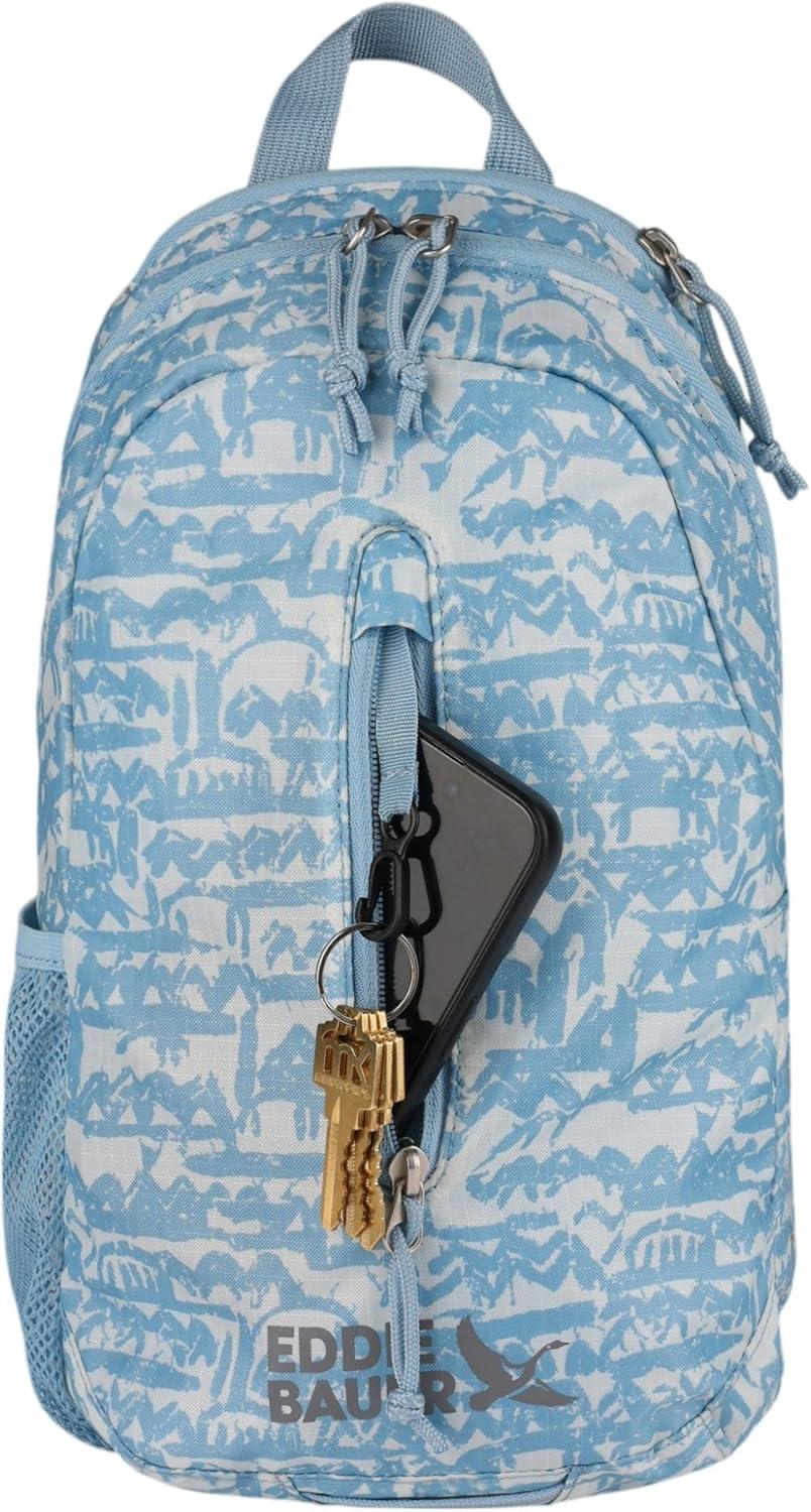 imageEddie Bauer Stowaway Packable Sling Bag  Foldable  Travel  Outdoor  Lightweight  Compact  Everyday Carry  Ripstop Nylon  10L  Black CherryBlue Fog