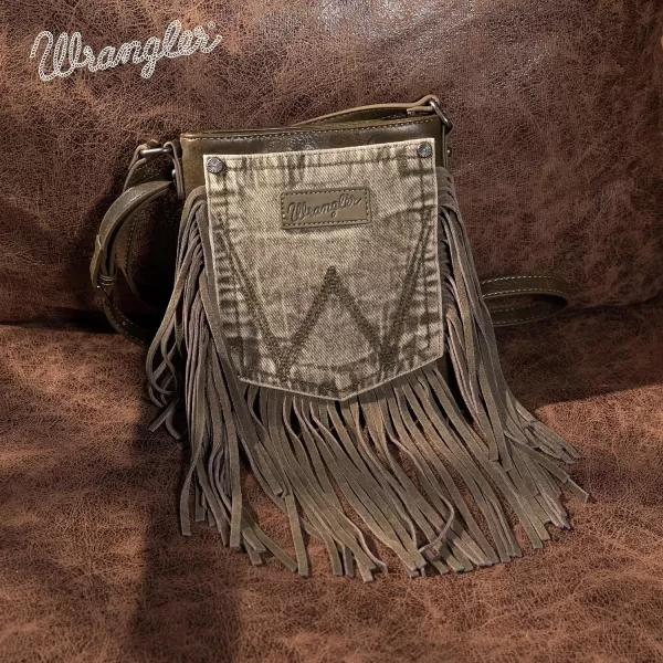 Wrangler Signature Pocket Fringe Purse Genuine Leather Crossbody Bag for Women