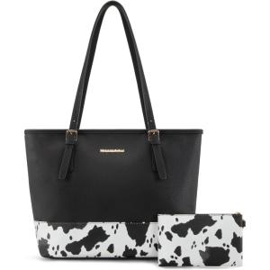 imageMontana West Tote Bags Vegan Leather Purses and Handbags for Women Top Handle Ladies Shoulder BagsCow Print H Black