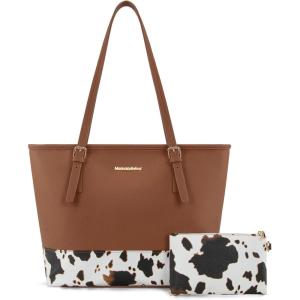 imageMontana West Tote Bags Vegan Leather Purses and Handbags for Women Top Handle Ladies Shoulder BagsCow Print H Brown
