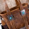 imageMontana West X Wrangler Cowhide Tote Bag for Women Western Tooling Handbag Leather Fringing With Turquoise Stone ConchoBrown