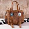 imageMontana West X Wrangler Cowhide Tote Bag for Women Western Tooling Handbag Leather Fringing With Turquoise Stone ConchoBrown