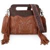 imageWrangler Crossbody Bags for Women Western Fringe Top Handle Handbags Embroidered Boot Scroll Crossbody BagAmediumbrown
