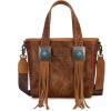 imageMontana West X Wrangler Cowhide Tote Bag for Women Western Tooling Handbag Leather Fringing With Turquoise Stone ConchoBrown