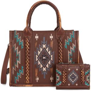 imageMontana West Aztec Embroidered Distressd Tote Bag With Wallet SetBrown