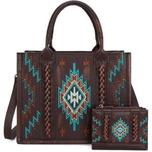 imageMontana West Aztec Embroidered Distressd Tote Bag With Wallet SetCoffee