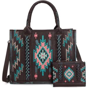 imageMontana West Aztec Embroidered Distressd Tote Bag With Wallet SetTurquoise