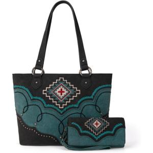 imageMontana West Aztec Tote Bag for Women Embroidered Western Shoulder Purse and Wallet SetBlack